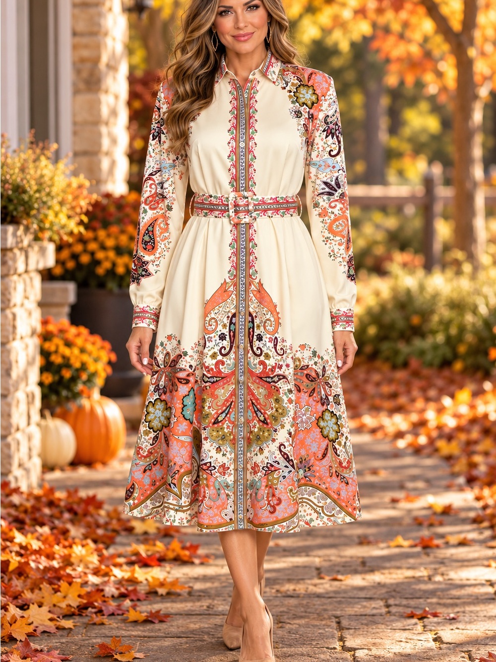 Cream Floral Paisley Shirt Dress with Belt 2XL